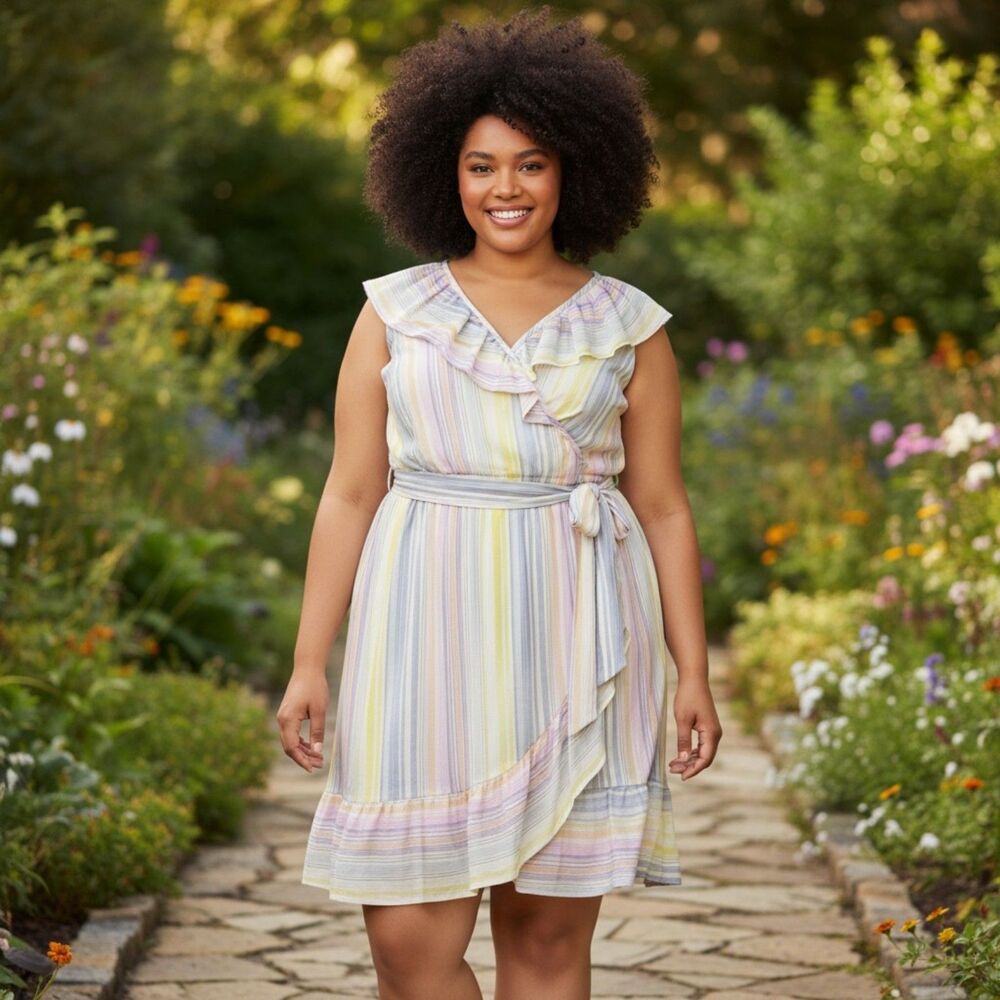 NWT LC Lauren Conrad Ruffle Faux Wrap Pastel Striped Dress XL Pink Yellow Tie